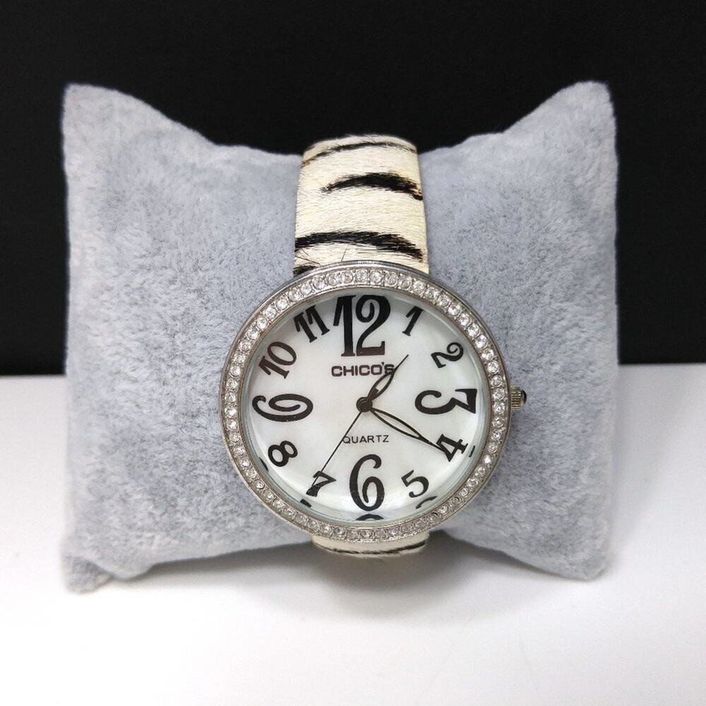 Chico's Animal Print Leather Watch, White Face, Animal Print Band, 9 Inches